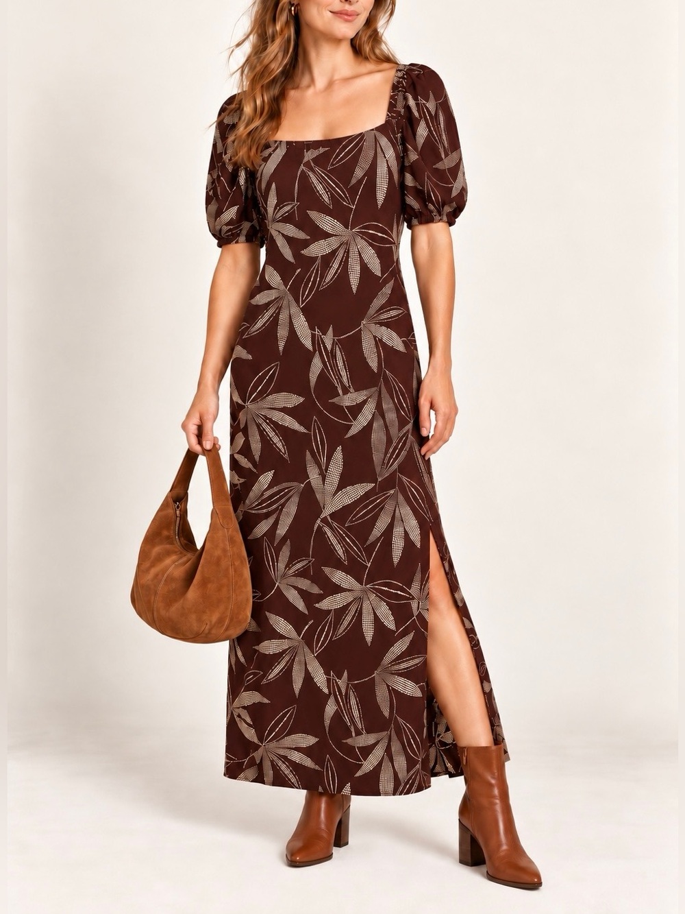 Mango Yoiko Leaf Print Puff Sleeve Maxi Dress Burgundy Brown Small US 4 NWT